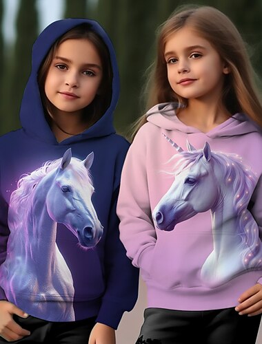  Da ragazza 3D Unicorno Paesaggi Felpa con cappuccio Pullover Manica lunga Stampa 3D Autunno Inverno Attivo Di tendenza stile sveglio Bambino 3-12 anni 4-12 anni Esterno Informale Giornaliero Standard