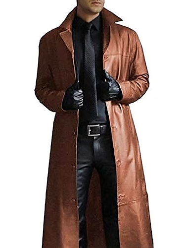  Męski płaszcz ze sztucznej skóry płaszcz do kurzu zimowa długa wiatrówka klapa jednolity kolor długi płaszcz ze sztucznej skóry ciepła kurtka,