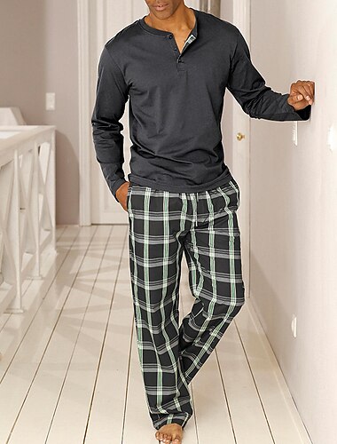  Hombre Ropa de salón Pijama Conjunto pijama Top y pantalón de pijama 2 Piezas Plaid Elegante Casual Confort Hogar Diario Poliéster Comodidad Henley Manga Larga Camiseta Pantalón Correa Cintura