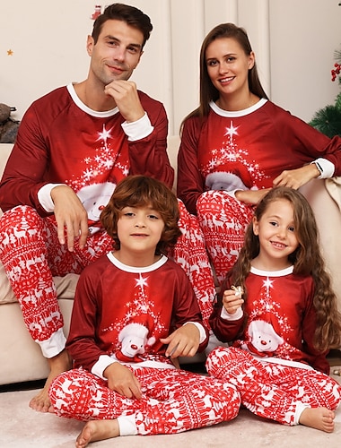  pijamas navideños familiares de algodón con estampado gráfico lindo pijamas navideños escolares rojo manga larga conjuntos para mamá y yo conjuntos deportivos a juego conjuntos para el hogar