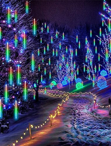  Weihnachtsbeleuchtung für den Außenbereich, Meteorschauer-Lichter, Sternschnuppen-Lichter, 30 cm/50 cm/80 cm, 8 Röhren, LED-Eiszapfen-Schneelichter, Regentropfen-Lichter für Weihnachtsbaum, Halloween,