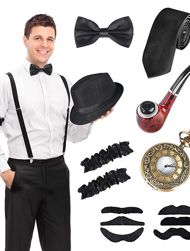  Vintage Rugido 20s 1920s Sombrero de panamá Conjunto de accesorios El gran Gatsby Hombre Mascarada Despedida de Soltera Festival Adulto Lazo Sombrero Tirantes Todas las Temporadas
