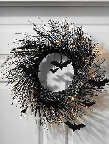  Corona de Halloween con luces coronas de Halloween preiluminadas para puerta de entrada exterior corona de puerta de Halloween negra corona iluminada decoraciones de Halloween al aire libre accesorios