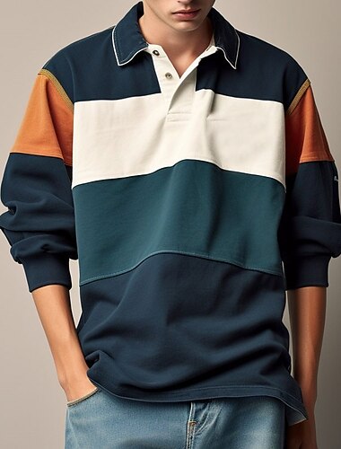  Męskie Prążki Koszulki polo do rugby Długi rękaw Koszulki polo Suwak Codzienny Na zewnątrz Codzienne Streetwear 3D Nadruk Jesień i zima Granatowy Niebieski Atramentowy