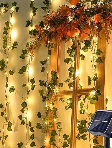  elegantní svatební hostina 2m solární led pohádková světla – 8 režimů teplá bílá ip65 voděodolná závěsná svítidla z břečťanových listů na zahradu, dekorace na zeď