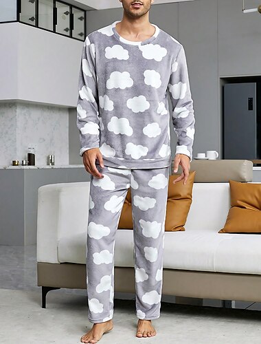  Herren Hausanzug Schlafanzüge Schlafanzug Set Pyjama-Oberteil und Hose 2 Stück Grafik-Drucke Stilvoll Brautkleider schlicht Komfort Heim Täglich Flanell Komfort Rundhalsausschnitt Langarm Pullover