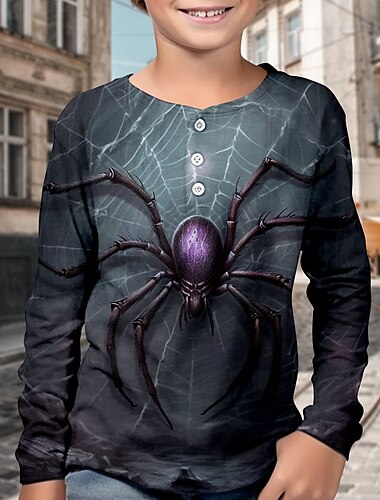  Halloween Pojkar 3D SPIDER Henley skjorta Långärmad 3D-tryck Höst Vinter Sport Mode Streetwear Barn 3-12 år Rund hals Utomhus Ledigt Dagligen Normal