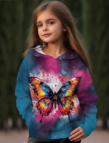  Девочки 3D Бабочка Толстовка Pullover Длинный рукав 3D печать Осень Зима Активный Мода Симпатичные Стиль Дети 3-12 лет на открытом воздухе Повседневные Стандартный