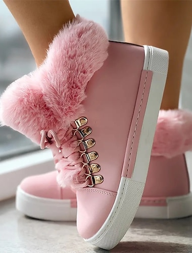 Zapatillas altas con forro de piel sintética de color rosa para mujer: zapatos casuales de invierno cálidos y acogedores