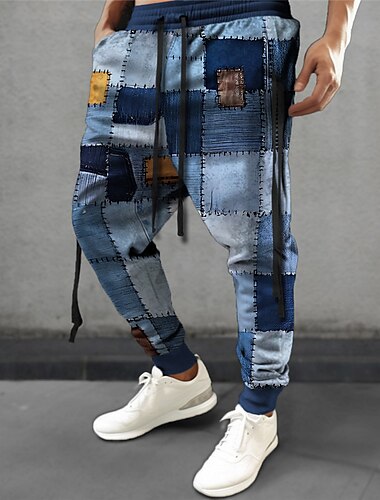  Ruitjes Geometrie Casual Voor heren 3D-afdrukken Joggingbroeken Broeken Buiten Straat Casual / Dagelijks Polyester Marineblauw Koningsblauw Blauw S M L Medium Taille Elasticiteit Broek