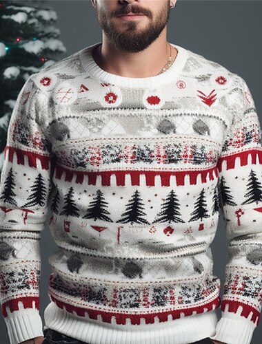  stygg julegenser herregensere rutete snøfnuggtrykk strikkegenser genser strikketøy nyttårsaften genser utendørs daglig ferie langermet crewnecks vin hvit rød høst vinter s