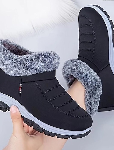  Women's Boots Snow Boots Waterproof Boots Winter Boots Daily Solid Color Fleece Lined Booties Ankle Boots Winter Flat Heel Round Toe Casual Comfort Hiking Elastic Fabric Loafer Black Red