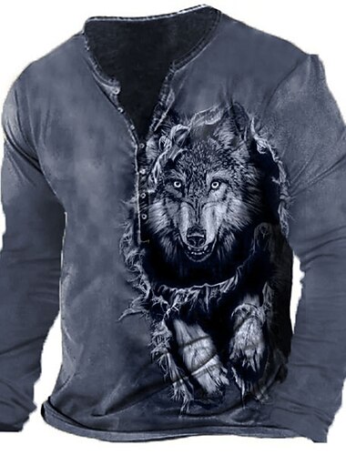  Men's Graphic Wolf Henley Shirt Long Sleeve 3D Print Fashion Daily Casual Casual Holiday Going out Spring &  Fall Green Army Green Dark Blue Dark Gray Henley Henley T-Shirt