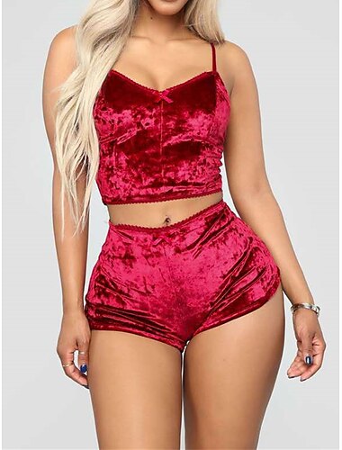  Women's Loungewear Sets Pure Color Fashion Casual Comfort Home Christmas Street Spandex Breathable Straps Sleeveless Strap Top Shorts Summer Spring Lake blue Wine Red