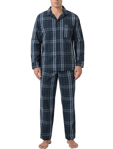  Herren Hausanzug Schlafanzüge Schlafanzug Set Pyjama-Oberteil und Hose 2 Stück Plaid Stilvoll Brautkleider schlicht Komfort Heim Täglich Baumwolle Komfort Kargen Langarm Hemd Hose Kordelzug