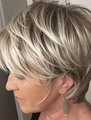  Syntetiska peruker Rak Pixie-frisyr Peruk Korta Ljusguldig Ombre blondin Syntetiskt hår Dam Moderiktig design Naturlig Lätt att bära Blond