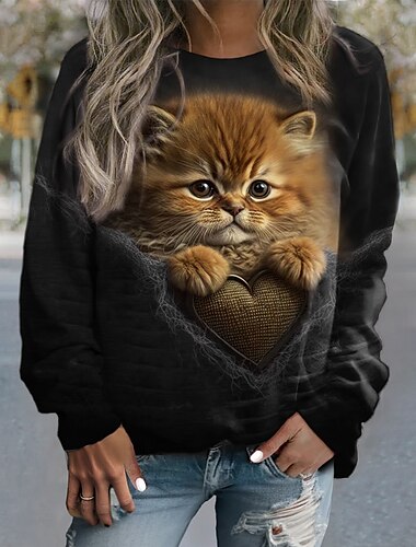  Damen Sweatshirt Pullover Katze Casual Sport Aktiv Rundhals Langarm Top Mikroelastisch Herbst&amp;Winterkomfort, atmungsaktives, weiches Gewebe