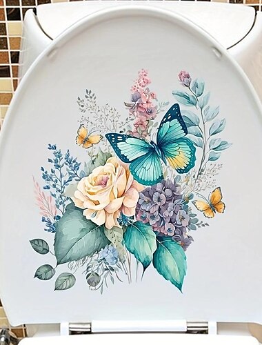  Funny Flower Butterfly Toilet Lid Decal - Waterproof Self-Adhesive Bathroom Decor Sticker Room Decor, Home Decor