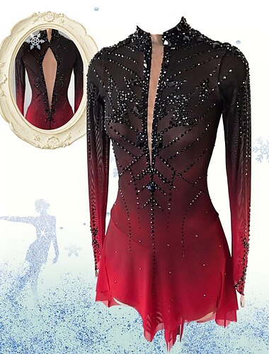  Figure Skating Dress Girls' Ice Skating Dress Black Red Halo Dyeing High Elasticity Professional Competition Skating Wear Thermal Warm Crystal / Rhinestone Long Sleeve Ice Skating Figure Skating
