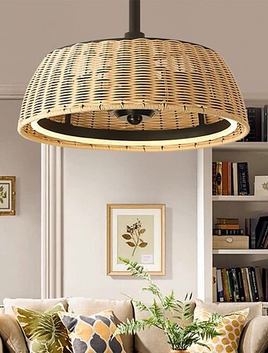  Deckenventilator mit Lichtern, 22 dimmbar, Rattan, 6 Geschwindigkeiten, Timing, umkehrbare Flügel mit Fernbedienung, Haushaltsventilator, Kronleuchter, flacher Deckenventilator für die