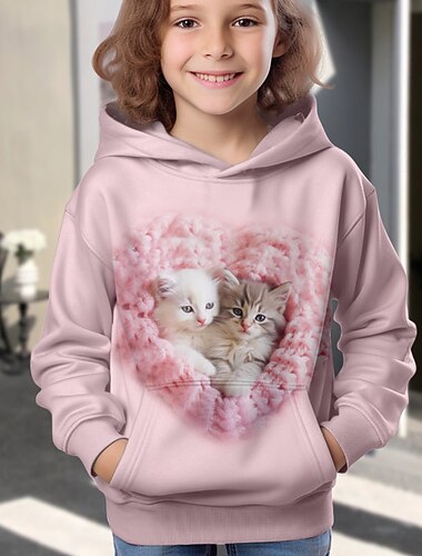  للفتيات 3D كارتون قطة هوديي Pullover كم طويل طباعة ثلاثية الأبعاد الخريف الشتاء نشيط موضة لطيف أطفال 3-12 سنة الأماكن المفتوحة فضفاض مناسب للبس اليومي عادي