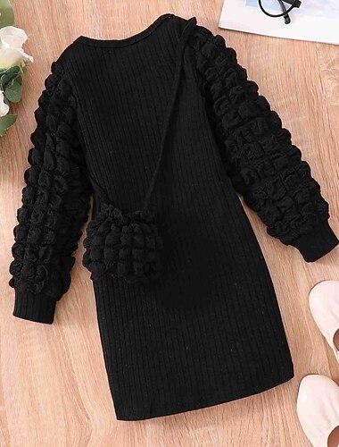  Baby Mädchen Kleid Feste Farbe Langarm Schulanfang Leistung Rüschen Aktiv Modisch Polyester Midi Etuikleid Frühling Herbst 3-7 Jahre Lavendel Lila Schwarz Weiß