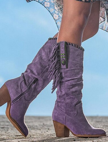  Damenstiefel aus Wildleder im Retro-Western-Stil mit Fransen – Stiefel mit braunem Absatz und halbhoher Wadenhöhe für lässige und Boho-Outfits