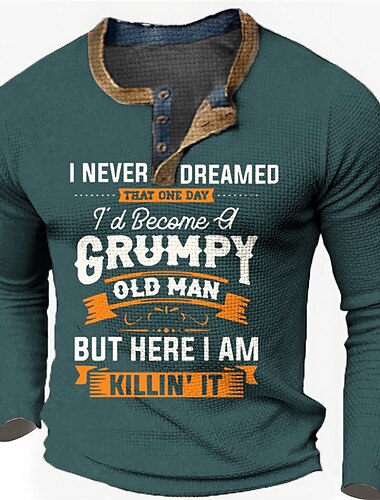  Herren Graphic Old Man Mürrisch Henley Shirt Waffel-T-Shirt Langarm 3D-Druck Modisch Designer Brautkleider schlicht Sports Outdoor Festtage Festival Frühling & Herbst Schwarz Blau Braun Dunkelblau