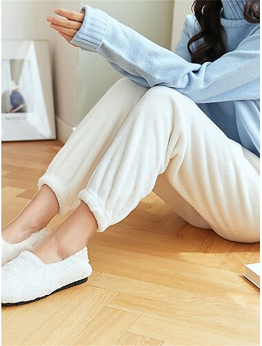  Women's Loungewear Pants Pure Color Warm Fashion Simple Home Daily Going out Coral Fleece Coral Velvet Pant Fall Winter Home Outfits