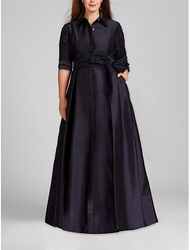  Linea ad A Lunghezza al pavimento Abito Camicia Abito Formale Abito da sera Mezza Manica Colletto a Camicia Minimalista Formale Ospite di nozze Raso Abito da cerimonia per signora con Fiocco/Fiocchi