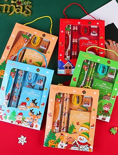  6 ピース/セット クリスマス ポータブル文具ギフト ボックス セットには、鉛筆 2 個、鉛筆削り 1 個、消しゴム 1 個、定規 1 個、付箋紙 1 個が含まれます。小学生の子供向け学習ギフト賞です。