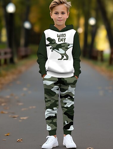  Jungen 3D Graphic camuflaje Tarnfarben Set aus Kapuzenpullover und Jogginghose Hoodie-Set Kleidungsset Langarm 3d Drucken Sommer Herbst Aktiv Modisch Cool kinderkleidung 3-12 Jahre Outdoor Urlaub