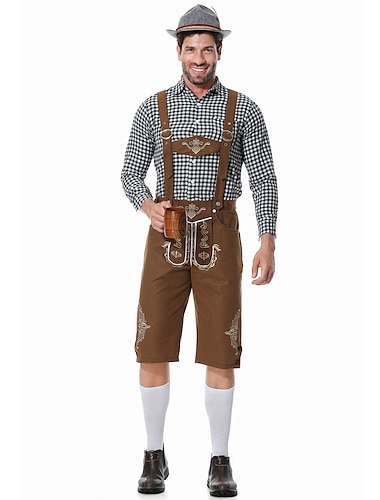  Oktoberfest Costume Lederhosen Chemise Bavarois Bavarois Allemand Prairies Homme Tissu de style traditionnel Chemisier Shorts Chapeau