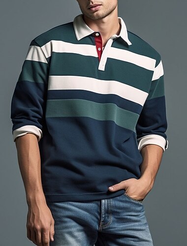  Męskie Prążki Koszulki polo do rugby Długi rękaw Koszulki polo Suwak Codzienny Na zewnątrz Codzienne Streetwear 3D Nadruk Jesień i zima Granatowy Zielony Ciemnoniebieski