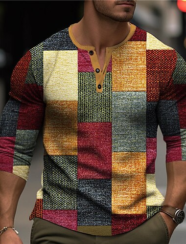 Муж. Графика В клетку Контрастных цветов Рубашка Хенли Вафельная футболка Длинный рукав 3D печать Мода Оригинальный рисунок На каждый день Для спорта и активного отдыха Праздники фестиваль