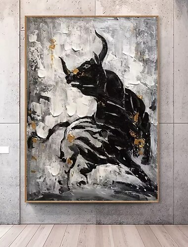  Pintura al óleo hecha a mano lienzo arte de la pared decoración blanco y negro estilo abstracto animal toro para la decoración del hogar pintura sin marco enrollada