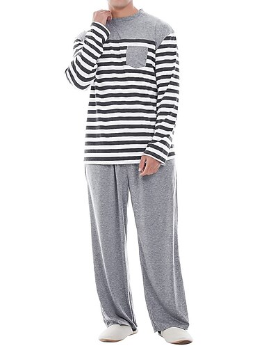  Herren Hausanzug Schlafanzüge Schlafanzug Set Pyjama-Oberteil und Hose 2 Stück Streifen Stilvoll Brautkleider schlicht Komfort Heim Täglich Baumwollmischung Komfort Rundhalsausschnitt Langarm T Shirt