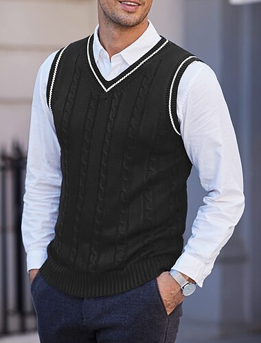  Herren Pullunder Pullover Kleid Pullover Gedrehtes Stricken Glitzer Layer-Look Feste Farbe V Ausschnitt Ethnischer Stil Vintage-Stil Täglich Bekleidung Drop-Schulter Frühling Herbst Schwarz Weiß S M L