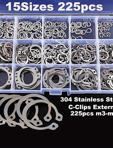  ערכת טבעת חזקה חיצונית 225 יחידות c-clips 15 גדלים 304 מעגלי נירוסטה עבור ערכת מבחר פירים סט חבילה m3-m20