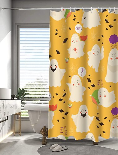  Halloween-Geister-Duschvorhang mit Haken, Badezimmer-Dekor, wasserdichtes Stoff-Duschvorhang-Set mit 12 Kunststoff-Haken