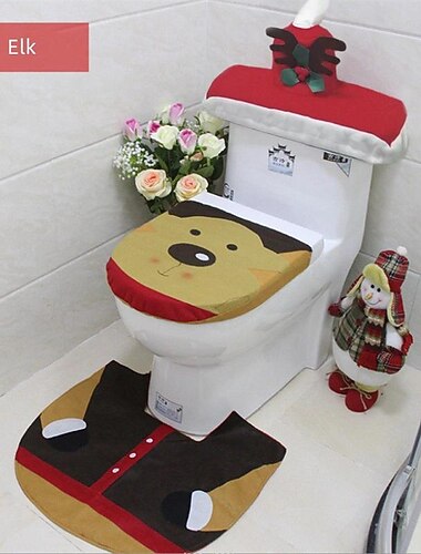  3 unidades / conjunto decoração de banheiro com tema de Papai Noel de Natal, inclui capa de assento de vaso sanitário, tapetes, capa de caixa de água e capa de caixa de papel higiênico decoração de natal