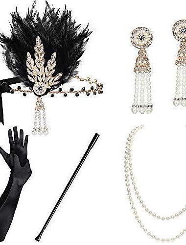  Vintage 1920s Der große Gatsby Flapper Stirnband Zubehör-Set Halskette Ohrring Charleston Damen Feder Maskerade Festival Handschuhe