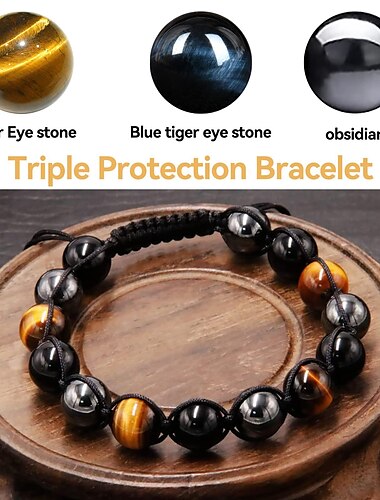  Pulsera de ágata de ojo de tigre natural, pulsera de cuentas de yoga con imán negro ajustable tejida para hombre