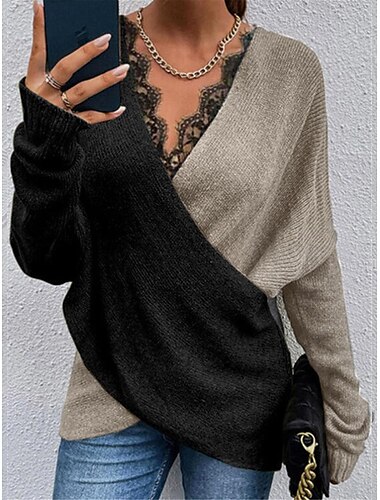  Damen Pullover Stilvoll Brautkleider schlicht Weich Feste Farbe Gerippt V Ausschnitt Patchwork Kreuz und quer Spitzenbesatz Langarm Normale Oberteile Stricken Täglich Ausgehen Wochenende Weiß Khaki