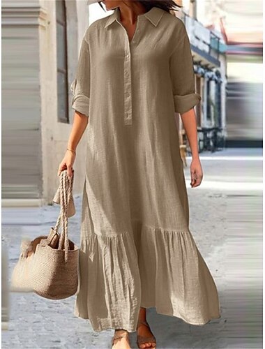  Femmes Robe maxi Faux coton lin Robe Chemise Robe Décontractée Robe en Coton Basique Classique Occasionnel Quotidien Extérieur Vacances Coupe Ample Uni manche longue Col de chemise Bleu Vert Kaki