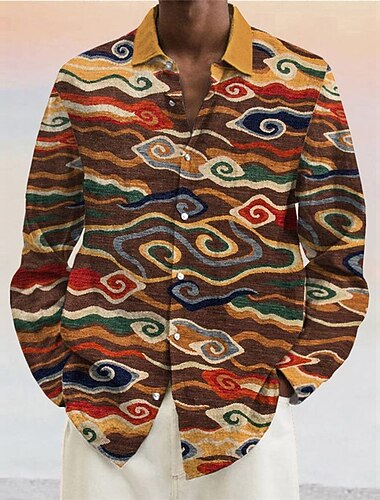  رجالي ترايبال عرقي طباعة باندانا قميص زر حتى القميص كم طويل عتيق قبلي الأماكن المفتوحة شارع كاجوال / يومي خريف & شتاء طوي Buttons طباعة أصفر أرجواني برتقالي بني