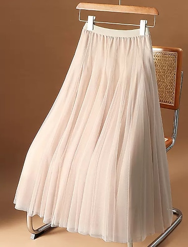  jupe femme jupe midi évasée froncée superposée couleur unie rendez-vous quotidien printemps, automne, hiver, été élégante longue abricot noir blanc rose