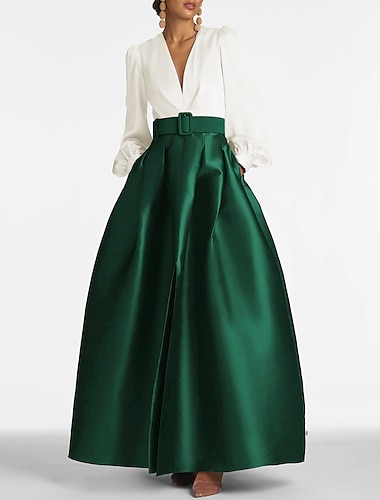  A-Line Satin Green Dress Formal Plus Size Wedding Guest Dress Elegant Evening Gown High Split Pocket Long Sleeve Floor Length Color Block V Neck Belt With Pleats Slit 2024