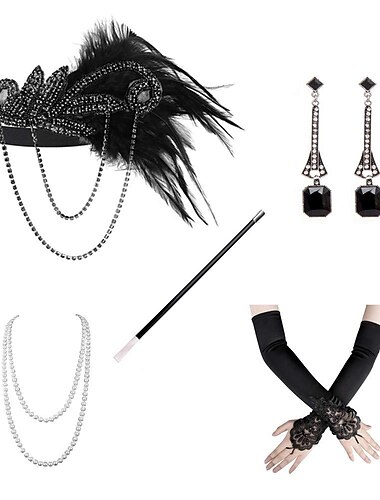  Vintage 1920s El gran Gatsby Diadema de estilo flapper Conjunto de accesorios Collar Pendiente charlestón Pluma Mujer Mascarada Despedida de Soltera Festival Adulto Guantes Cinta Todas las Temporadas