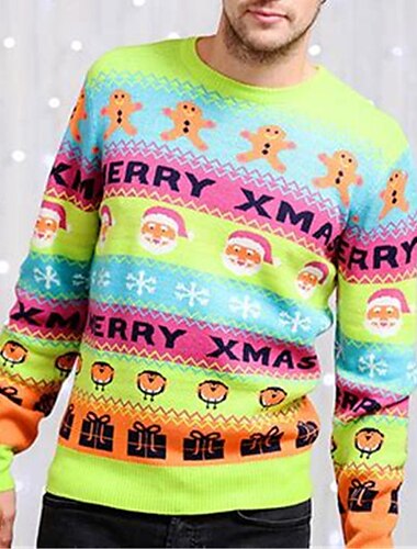  Suéter navideño feo, suéteres para hombre, suéter de punto con estampado de copos de nieve y jengibre de Papá Noel, suéter de Nochevieja, suéter para exteriores, diario, manga larga, cuello redondo,
